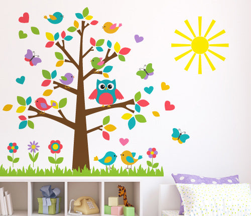 Nursery Colourful Owl And Birds Wall Sticker